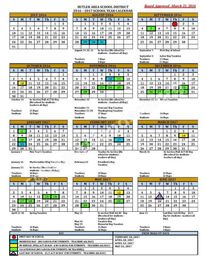 2016 2017 District Calendar Butler Area School District Butler PA