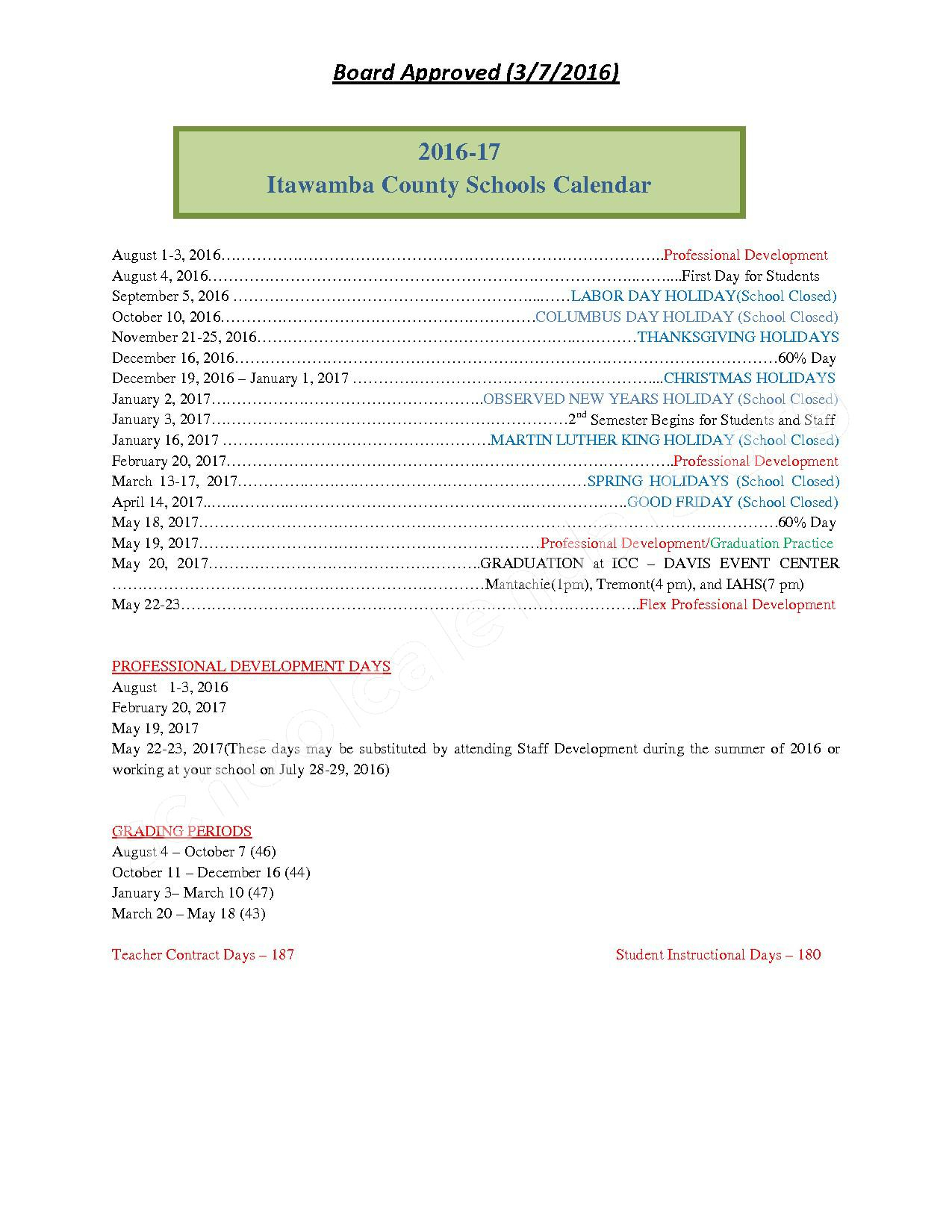 2016 2017 School Calendar Itawamba Agricultural High School