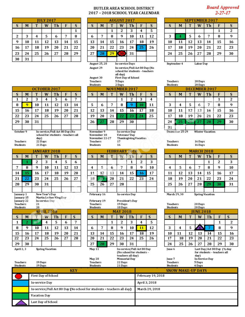 2017 2018 District Calendar Butler Area School District Butler PA