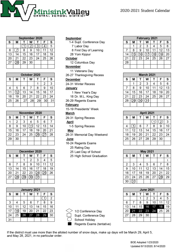 2020 21 Updated Student Calendar Now Available Minisink Valley