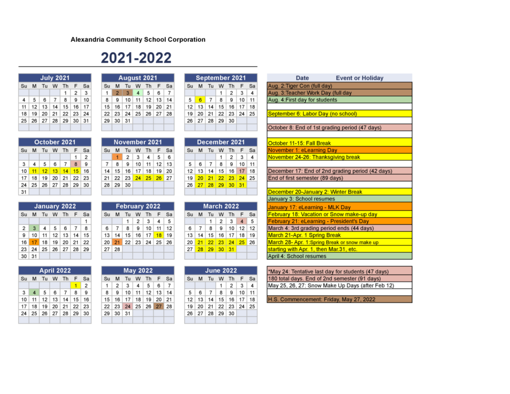 2021 2022 Alexandria Community School Corporation Printable 
