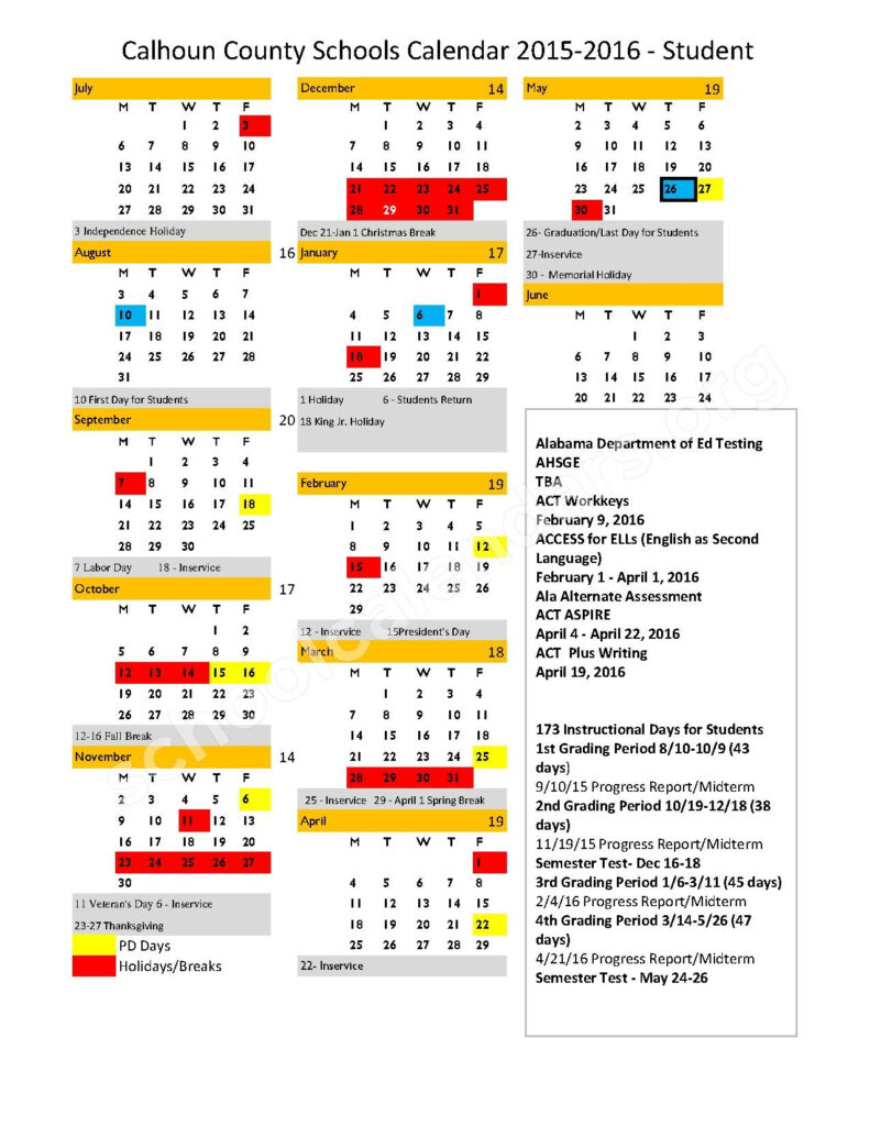 Alexandria Elementary School Calendars Alexandria AL