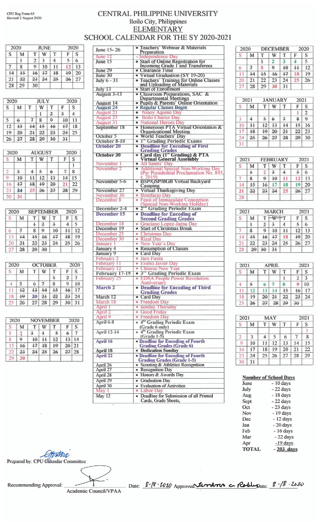 Elementary School Calendar For The SY 2020 2021 Central Philippine