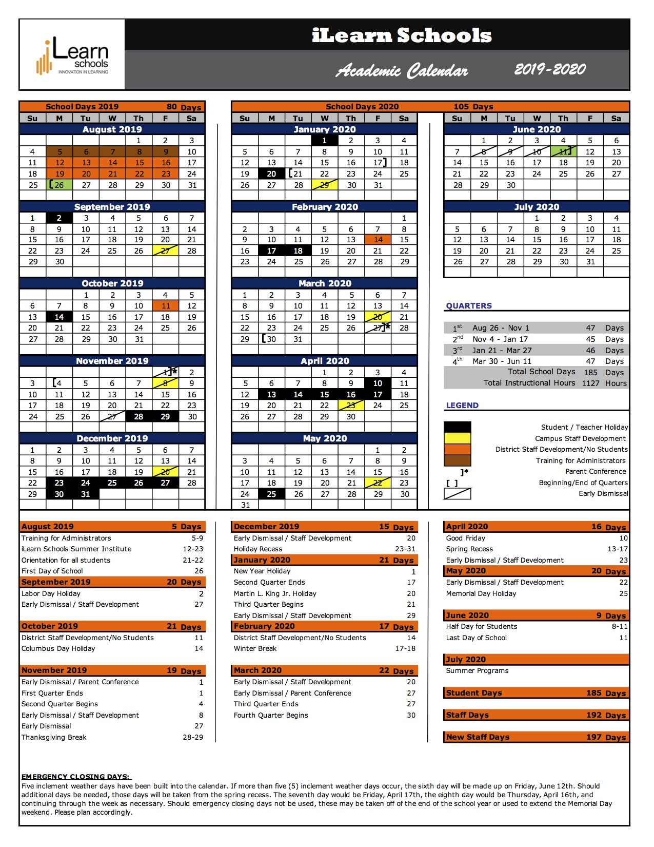 ILearn Schools 2019 2020 Academic Calendar ILearn Schools