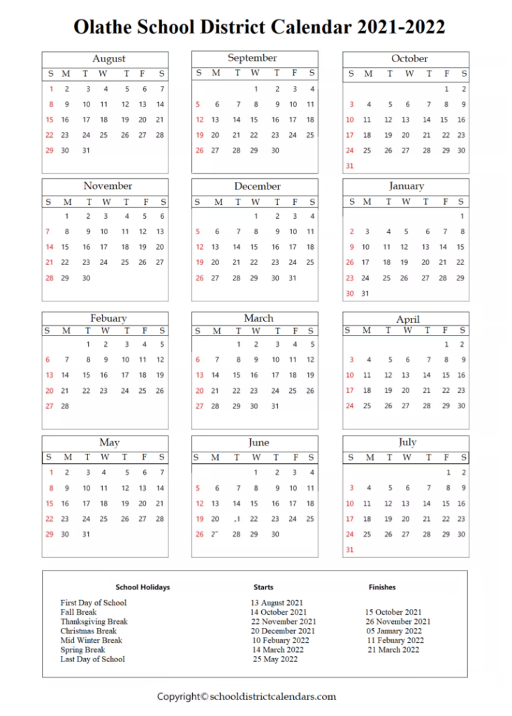 Olathe District School Calendar 2021 2022 With Holidays School