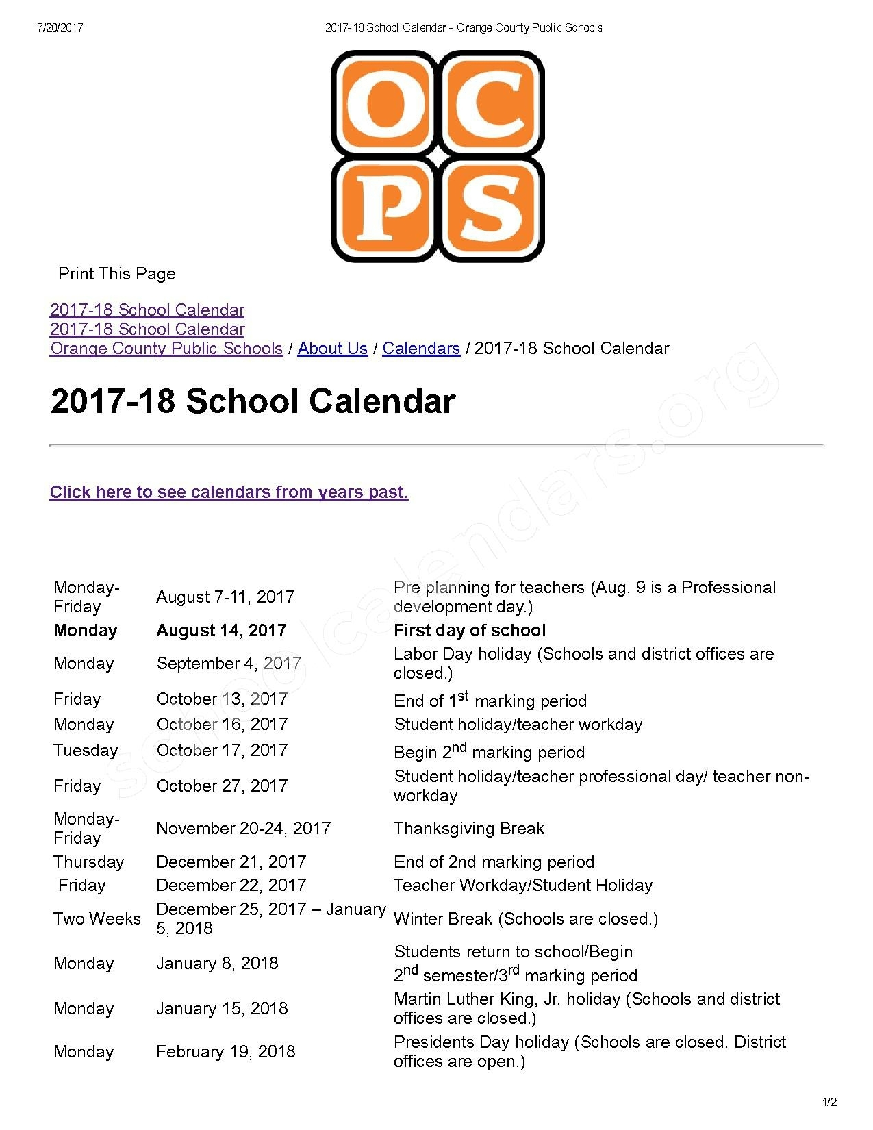 Orange County Public Schools Calendar 2023 - Schoolcalendars.net