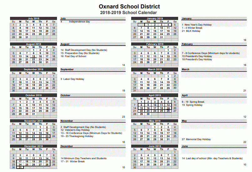 Oxnard Elementary School District Calendar 2022 - Schoolcalendars.net