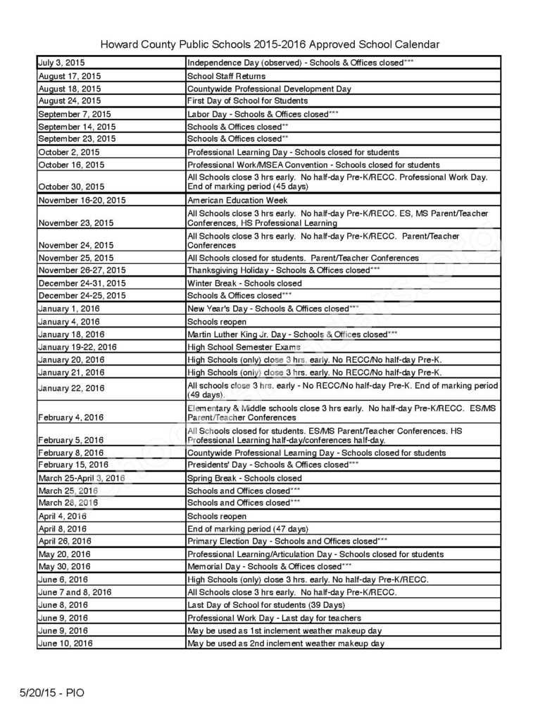 2015 2016 School Calendar Howard County Public Schools Ellicott 