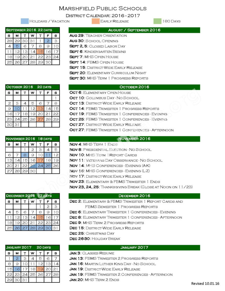 2016 2017 School Calendar Marshfield Public School District