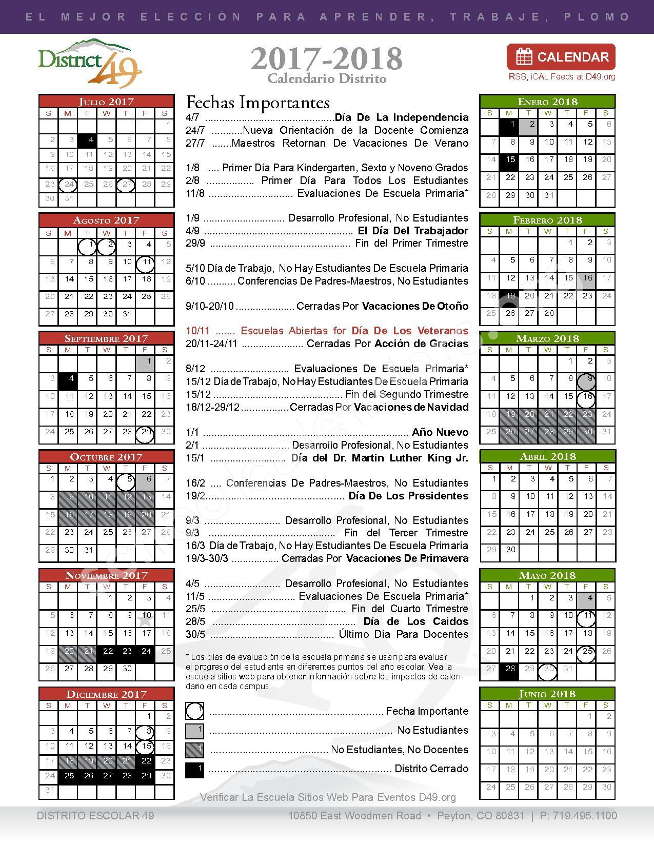2017 2018 Calendario Escolar Falcon School District 49 Peyton CO
