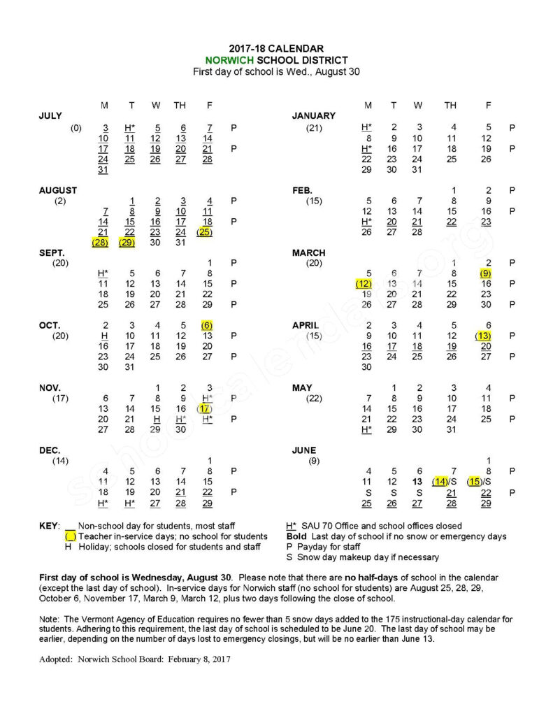 2017 2018 School Calendar Hanover High School Hanover NH