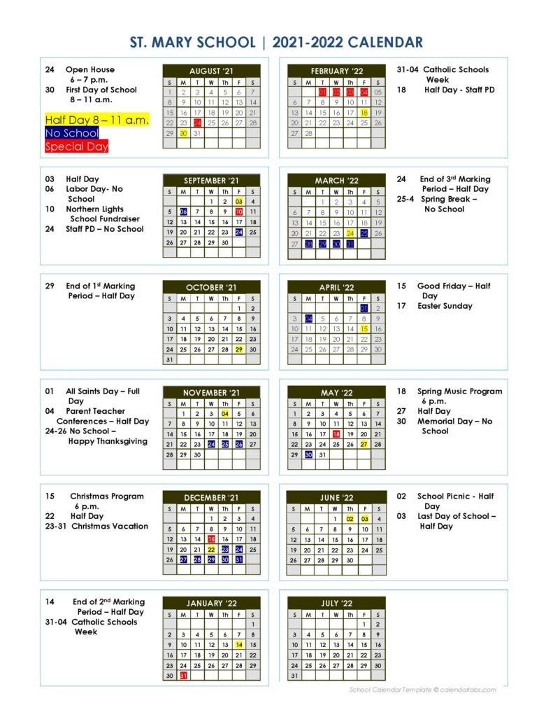 Calendar St Mary School