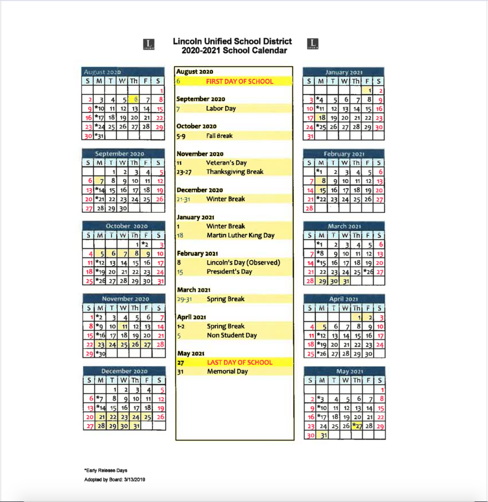 Fremont Unified School District Calendar 2020 2021 Printable