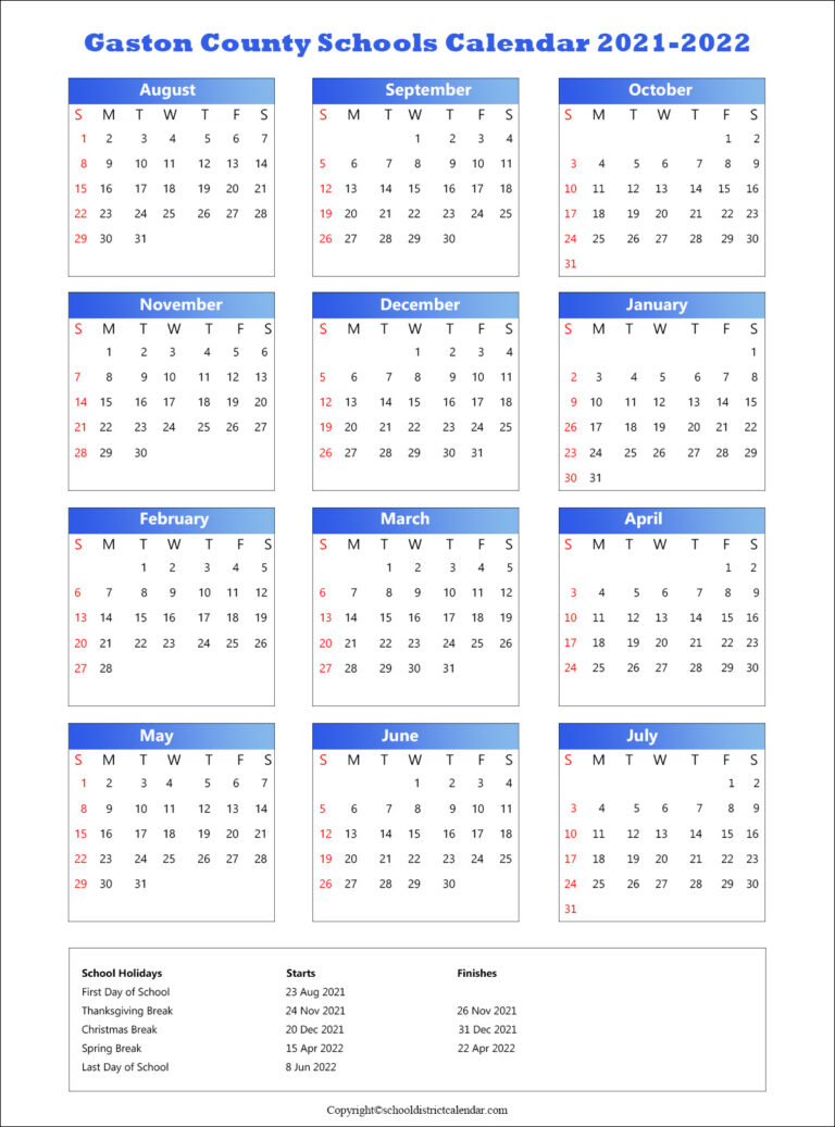 Gaston County Schools District Calendar Holidays 2021 2022