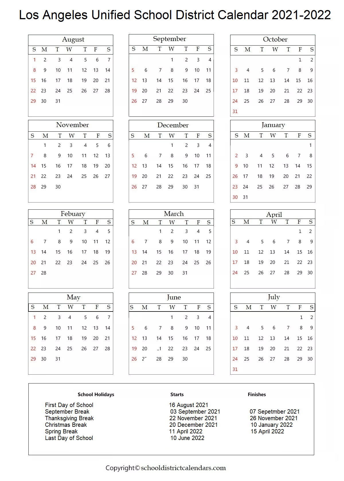 Los Angeles Unified School District Calendar 2022 2024
