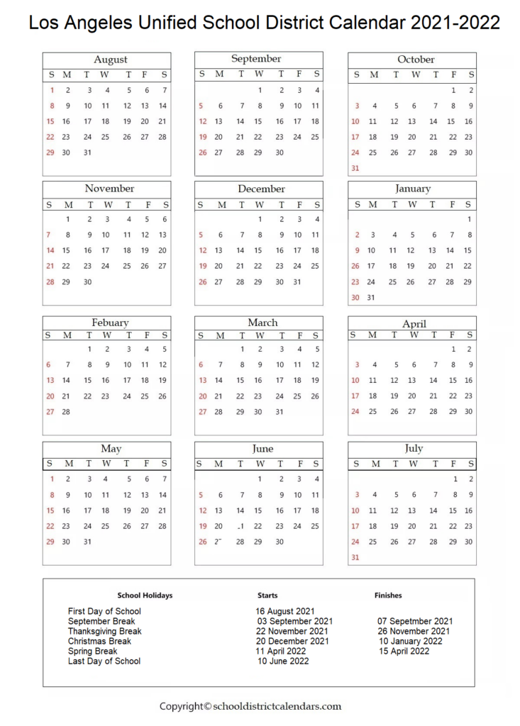 Los Angeles Unified School District Calendar 2021 2022 School