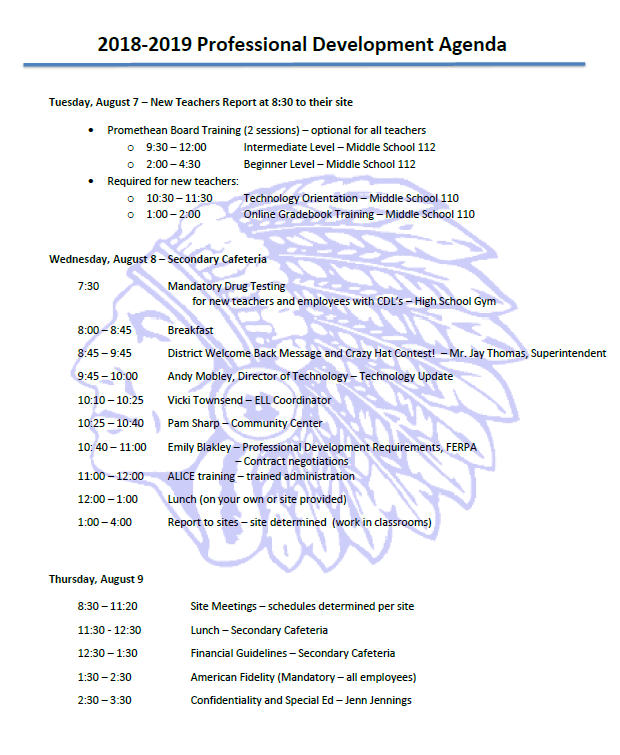 Professional Day Agenda 2018 Little Axe Public Schools