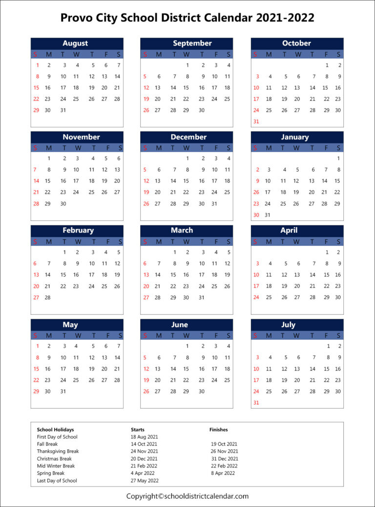 Provo City School District Calendar Holidays 2021 2022
