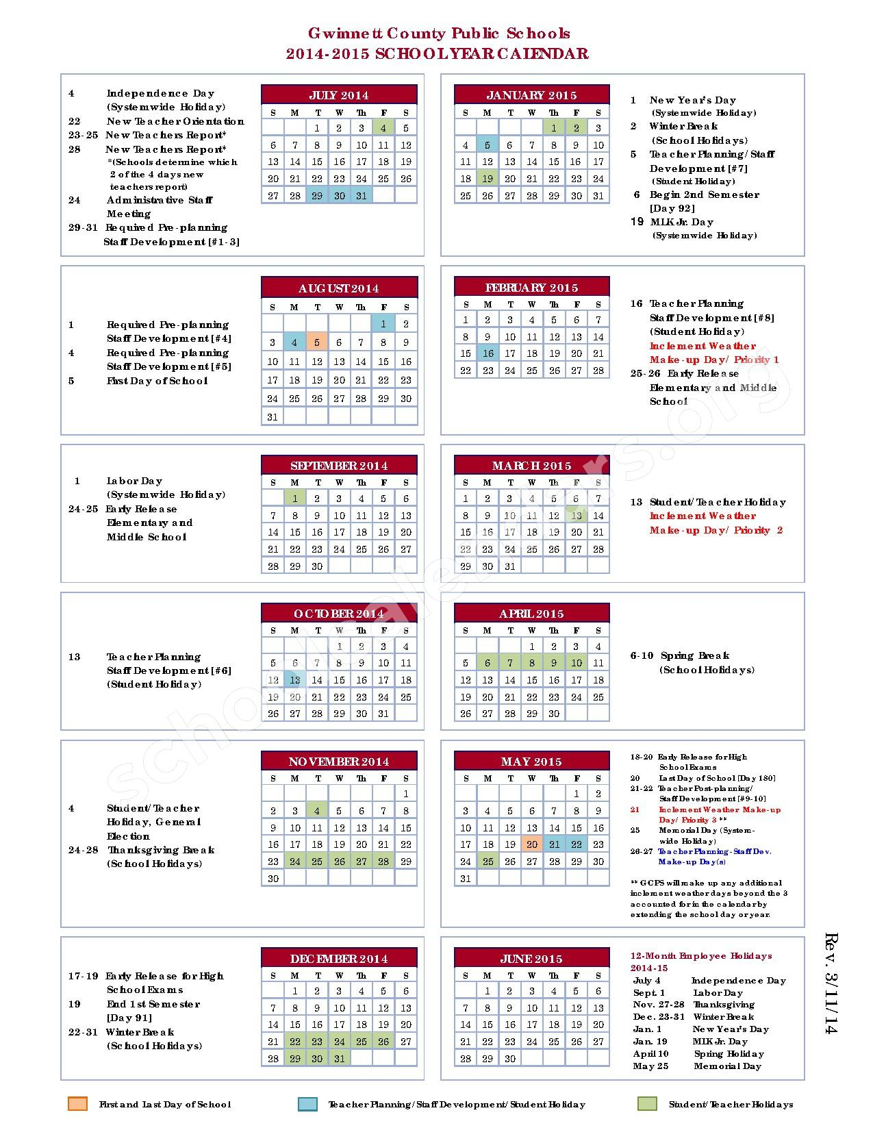 2014 2015 School Calendar Gwinnett County School District Suwanee GA