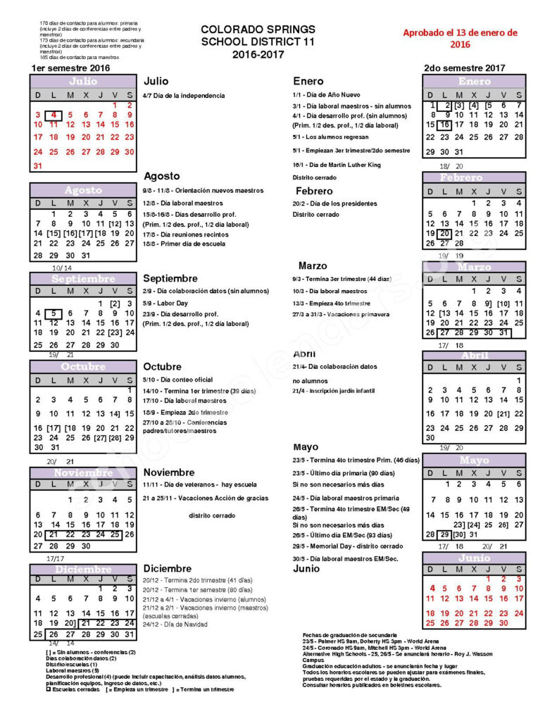 2016 2017 District Calendar Colorado Springs School District 11