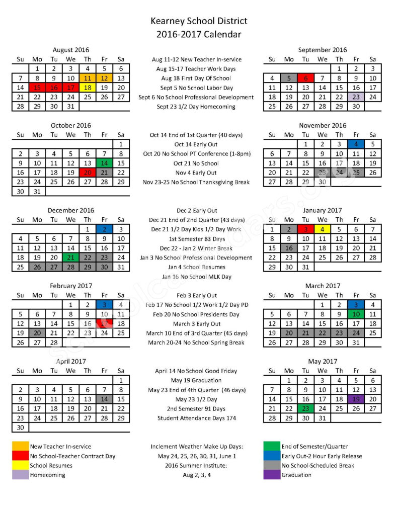 2016 2017 District Calendar Kearney High School Kearney MO