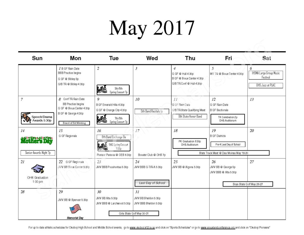 2016 2017 Monthly Calendar Okoboji Community School District Iowa