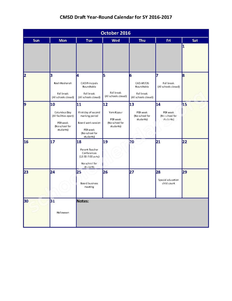 2016 2017 Year Round School Calendar Cleveland Metropolitan School