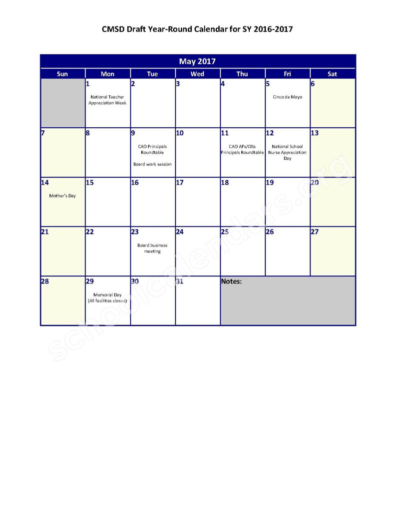 2016 2017 Year Round School Calendar Cleveland Metropolitan School
