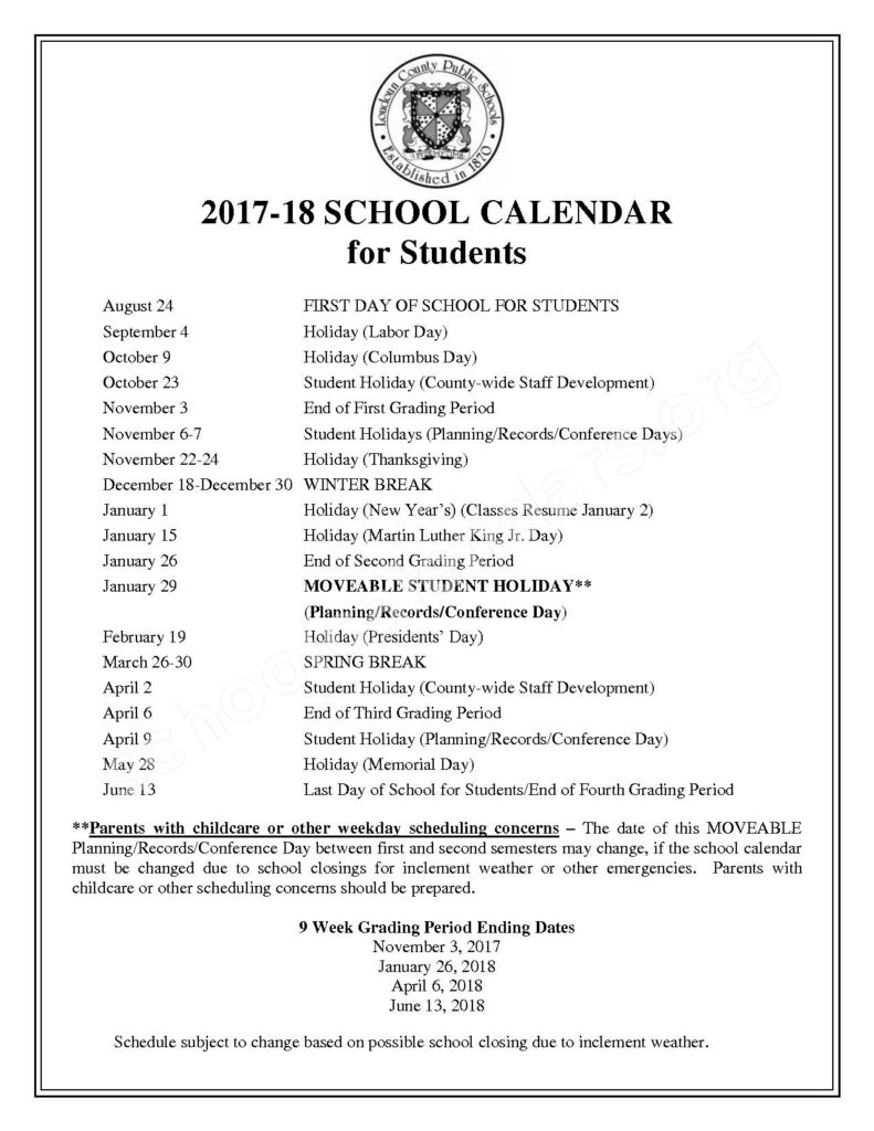 2017 2018 Student Calendar Loudoun County Public Schools Ashburn VA
