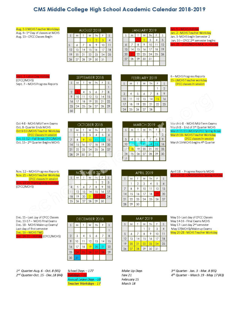 2018 2019 Middle College High School Calendar Charlotte Mecklenburg 
