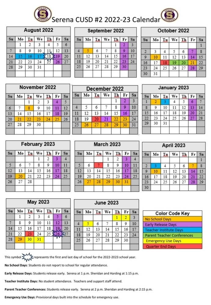 22 23 Serena CUSD 2 Calendar Harding Grade School