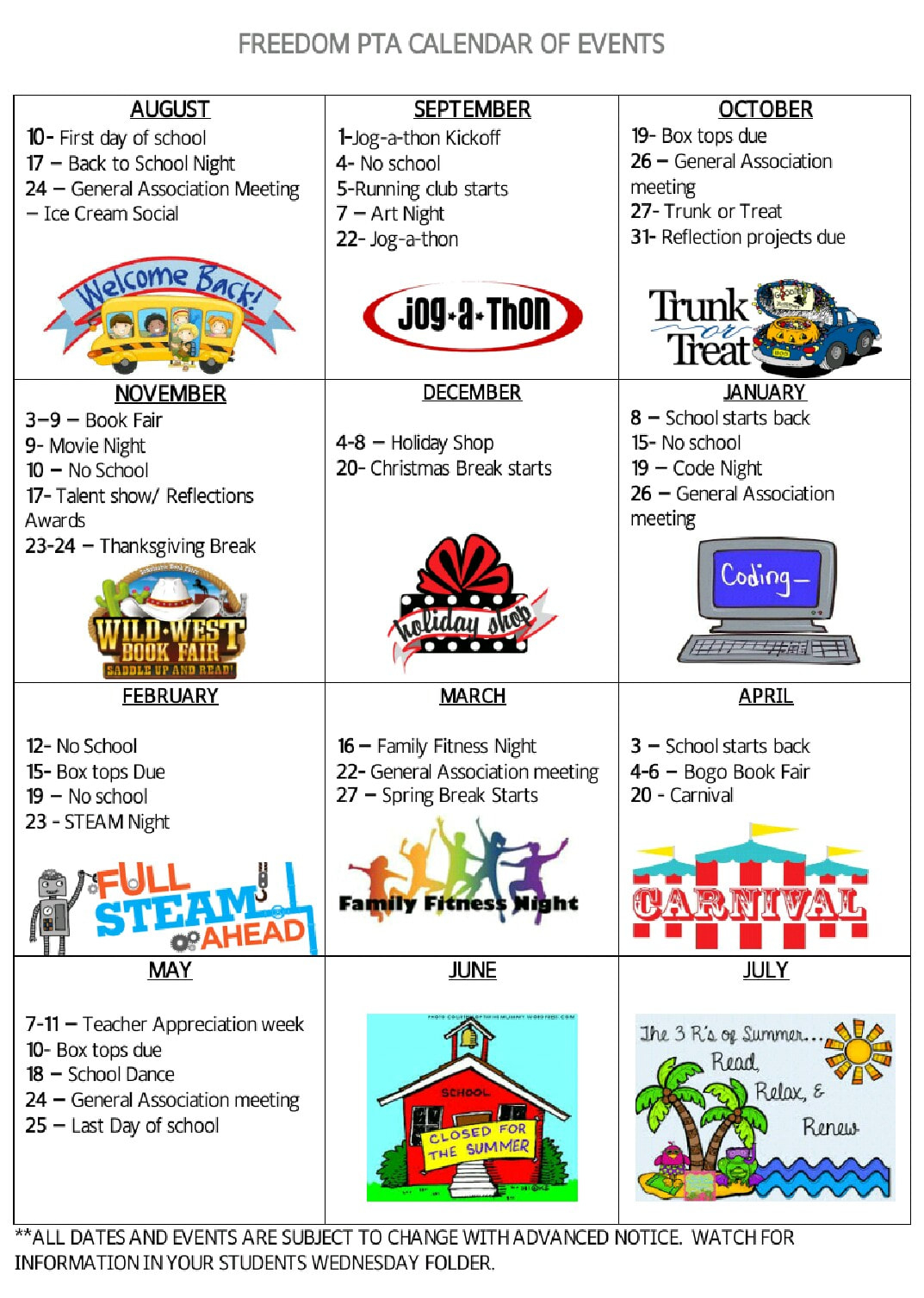 Calendar Of Events Freedom Elementary PTA