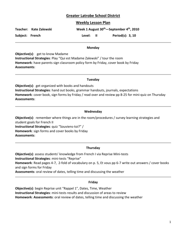 Greater Latrobe School District Weekly Lesson Plan