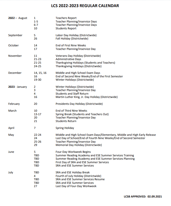 Leon Country 2021 2022 And 2022 2023 School Calendars