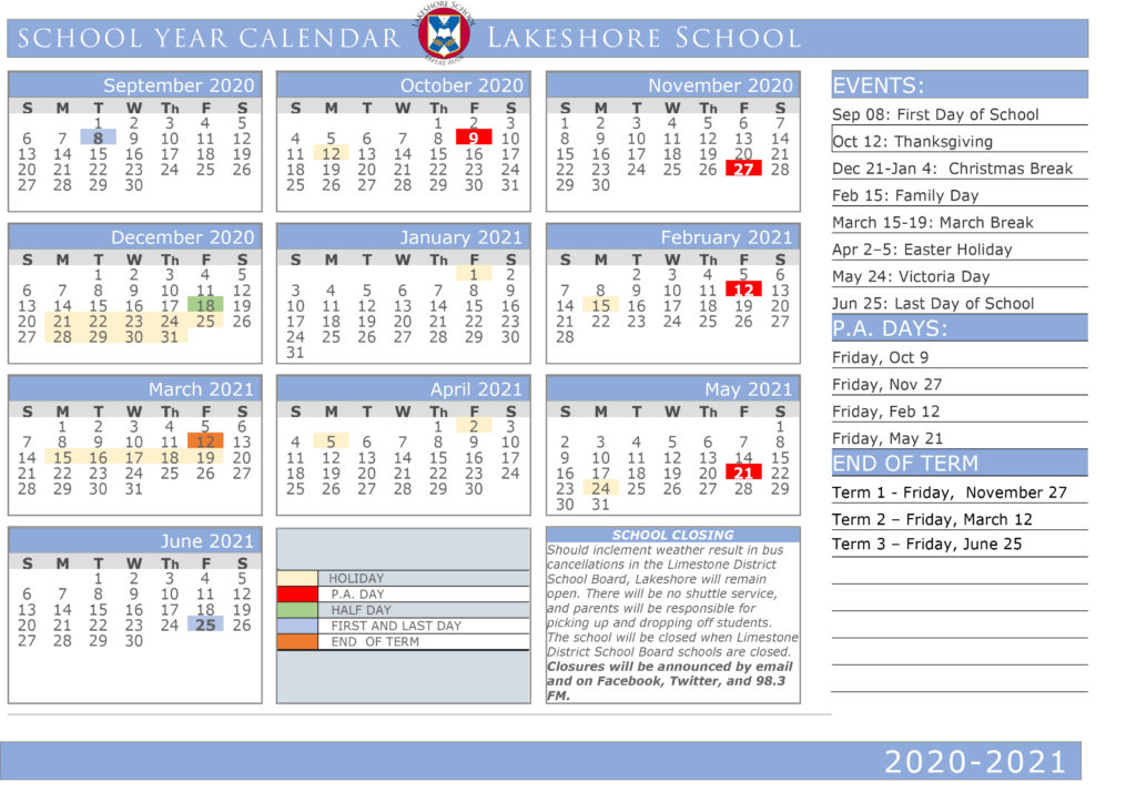 School Year Calendar Lakeshore School