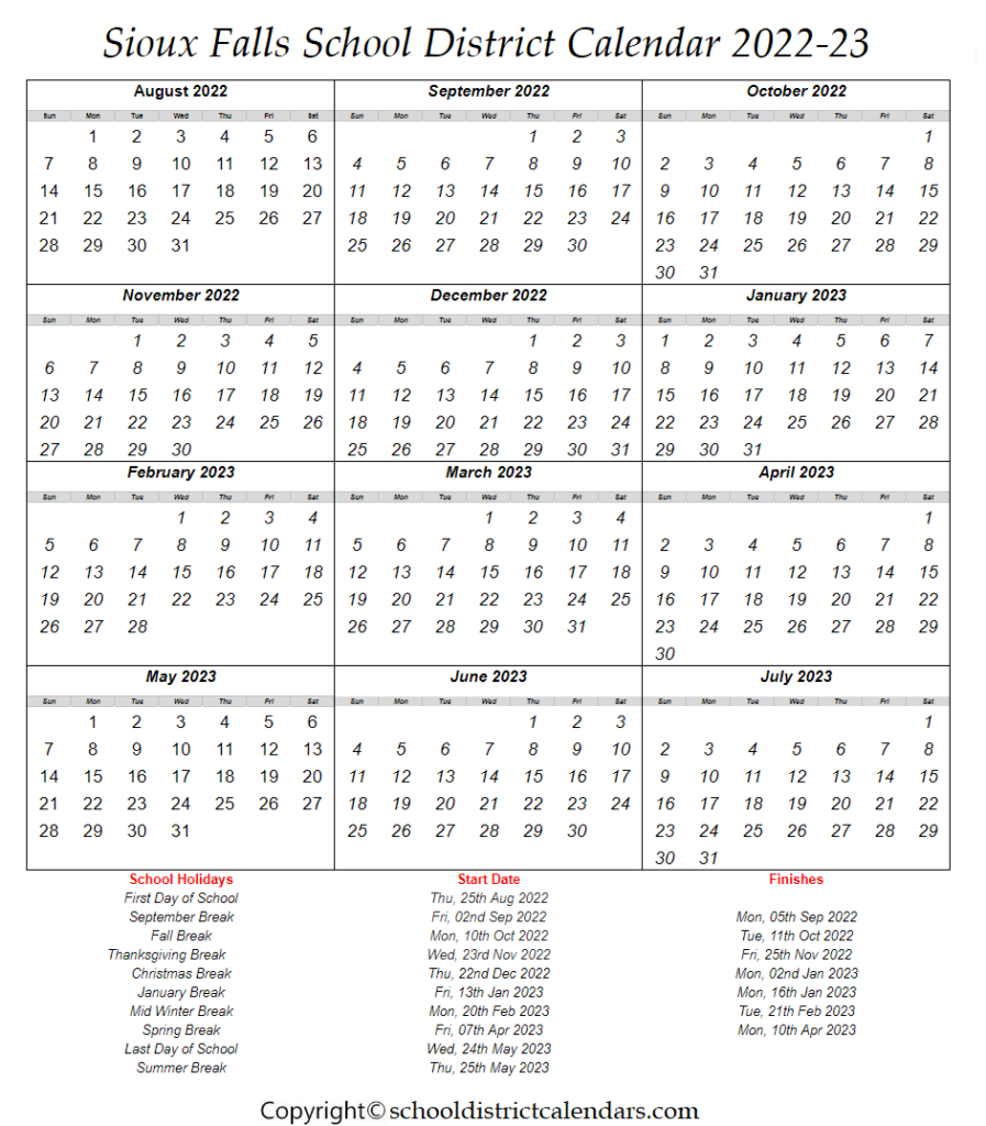 Sioux Falls District School Calendar 2022 2023 With Holidays