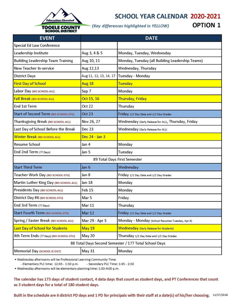 Tooele County School District Calendar 2021 School District Calendar