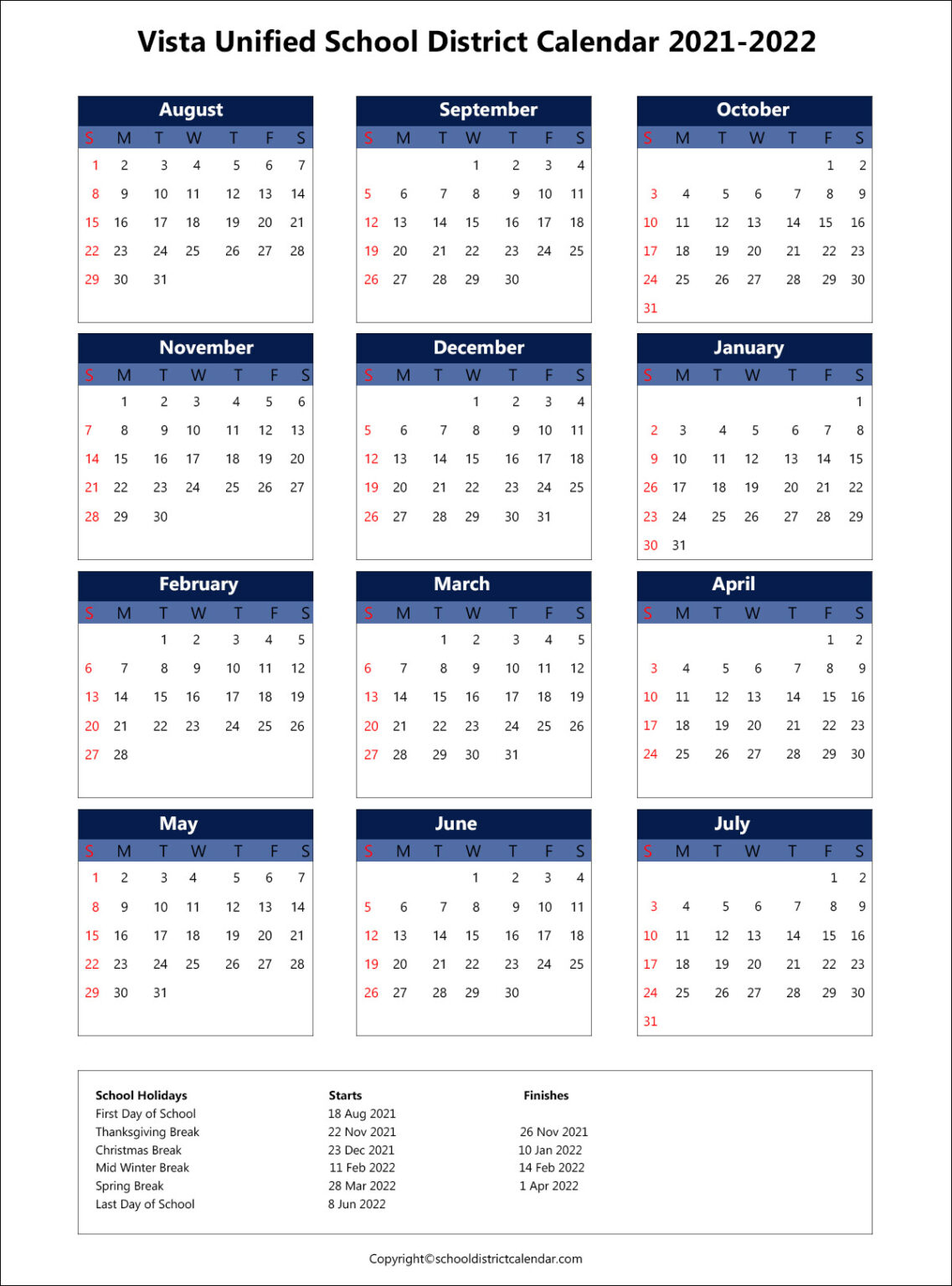 Vista Unified School District Calendar Holidays 2021 2022