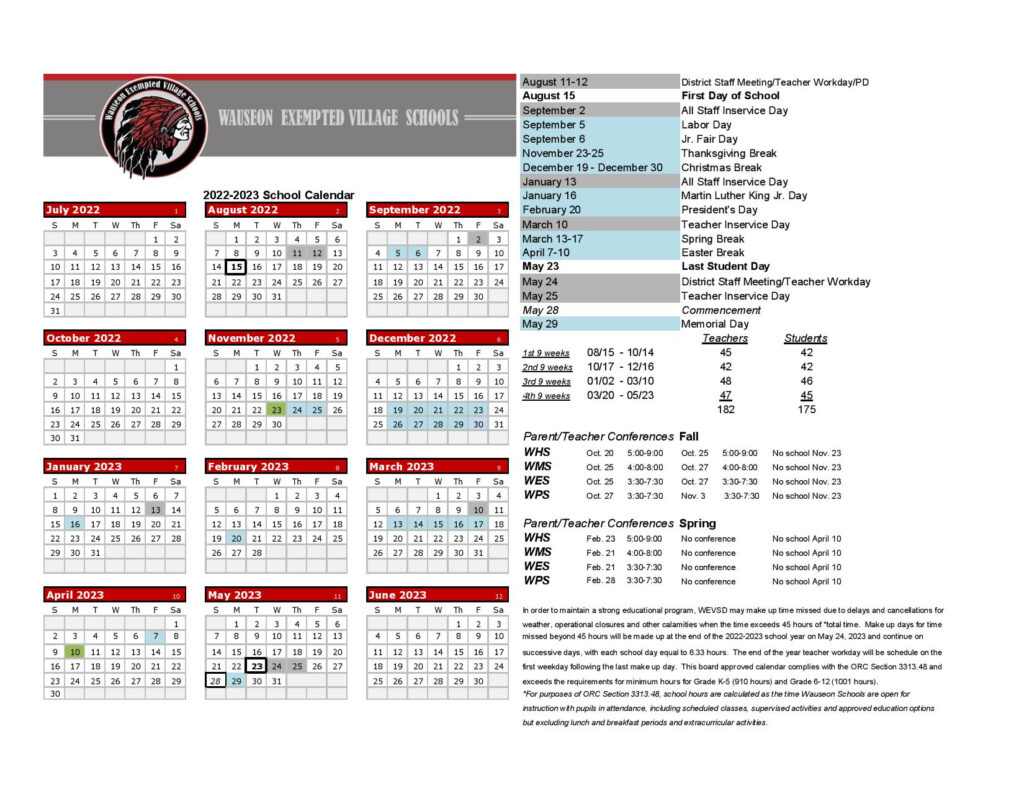 Wauseon Schools Calendar 2022 2023 Holidays In PDF