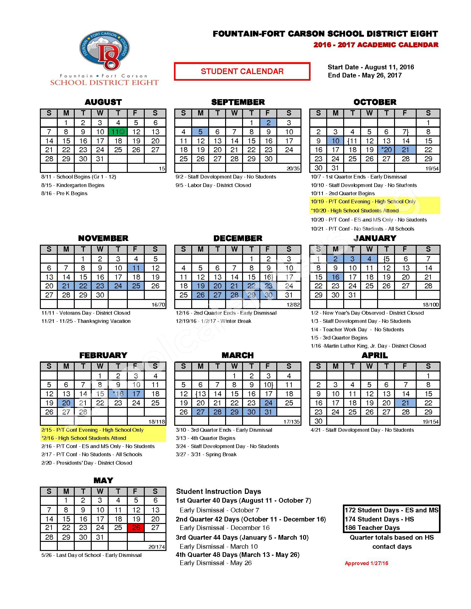 2016 2017 School Calendar Fountain Fort Carson School District 8 Fountain CO