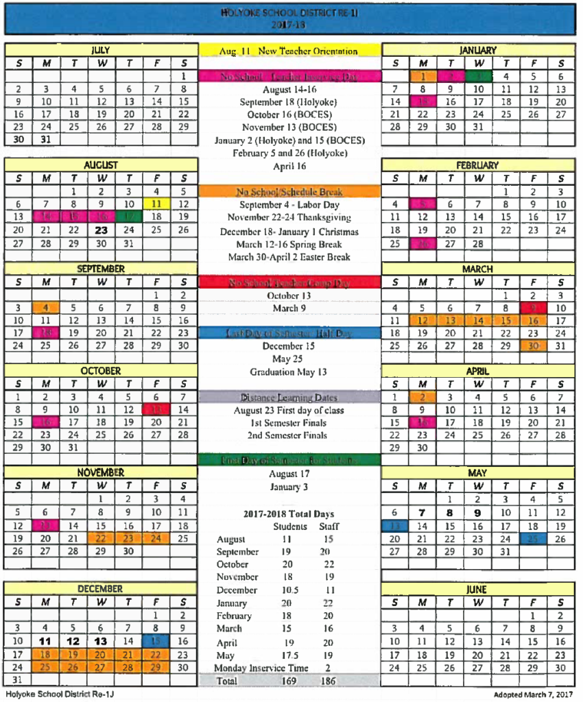 2017 2018 School Calendar Approved Holyoke School District