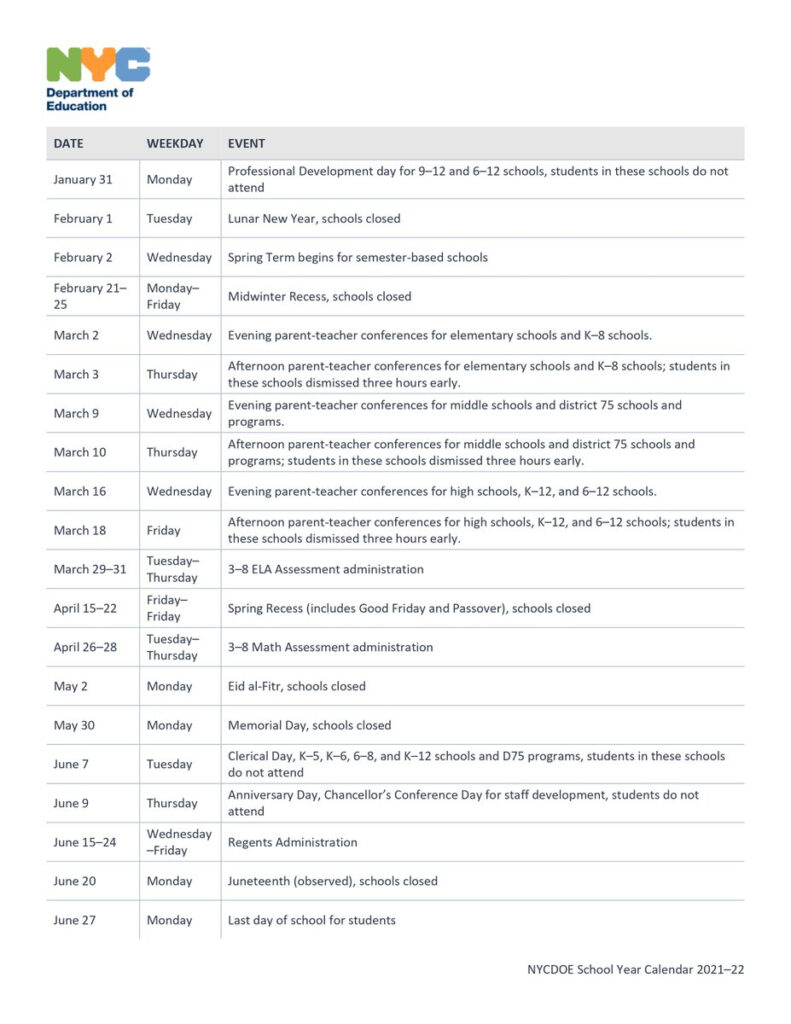 2021 2022 NYC DOE School Calendar