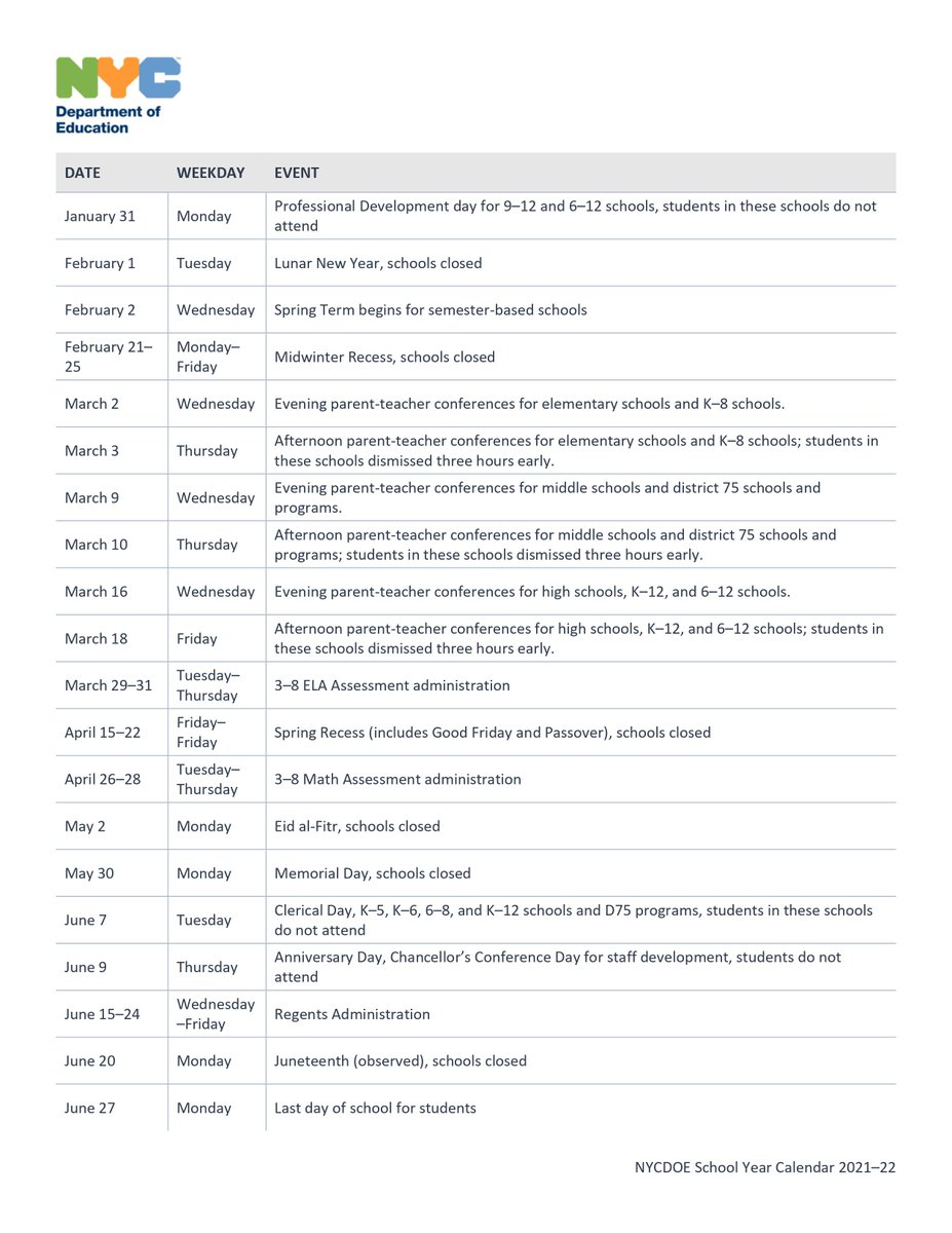 2021 2022 NYC DOE School Calendar