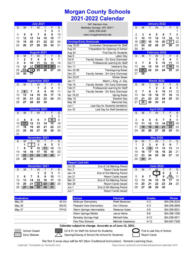 2021 2022 School Calendar Morgan County Schools