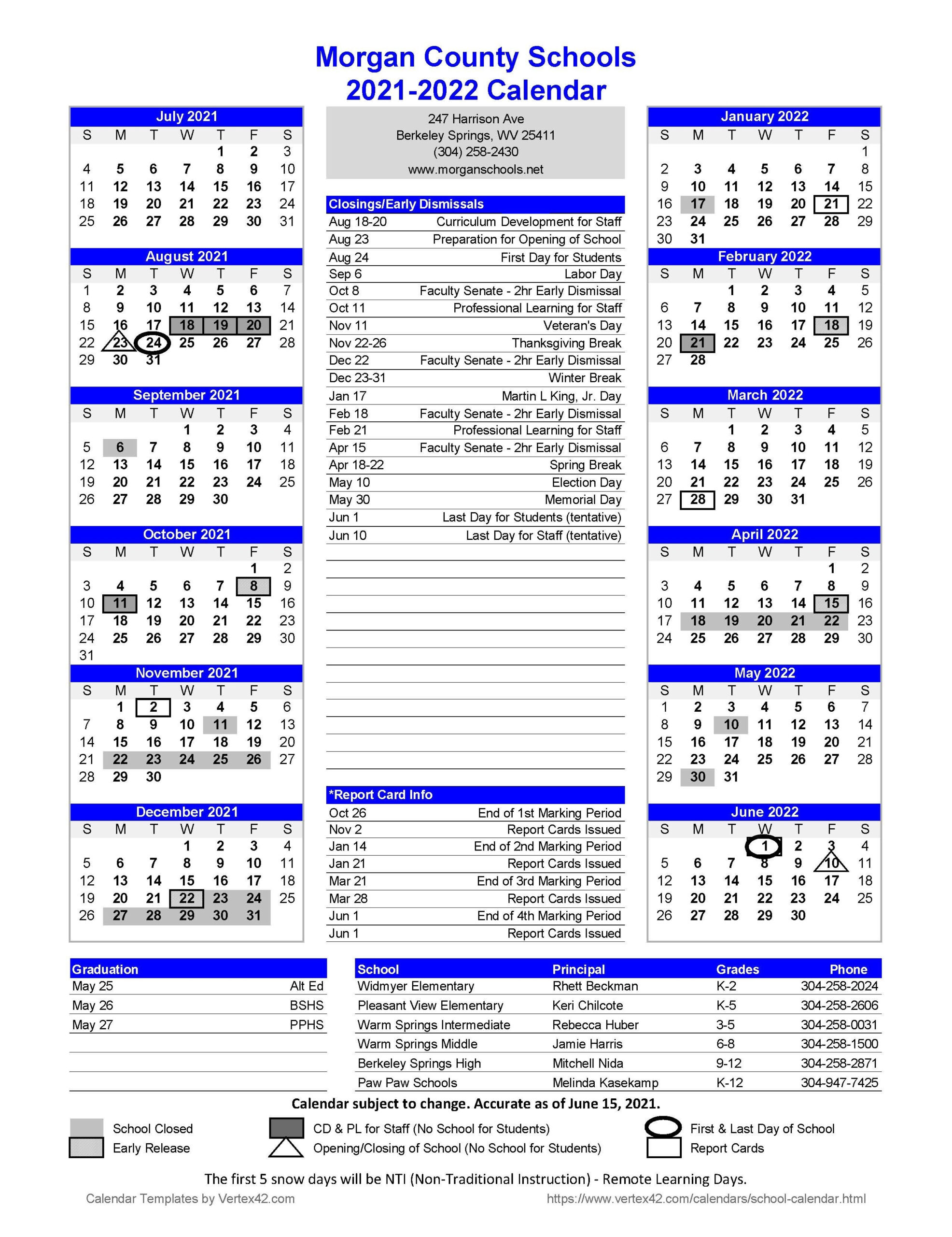 2021 2022 School Calendar Morgan County Schools