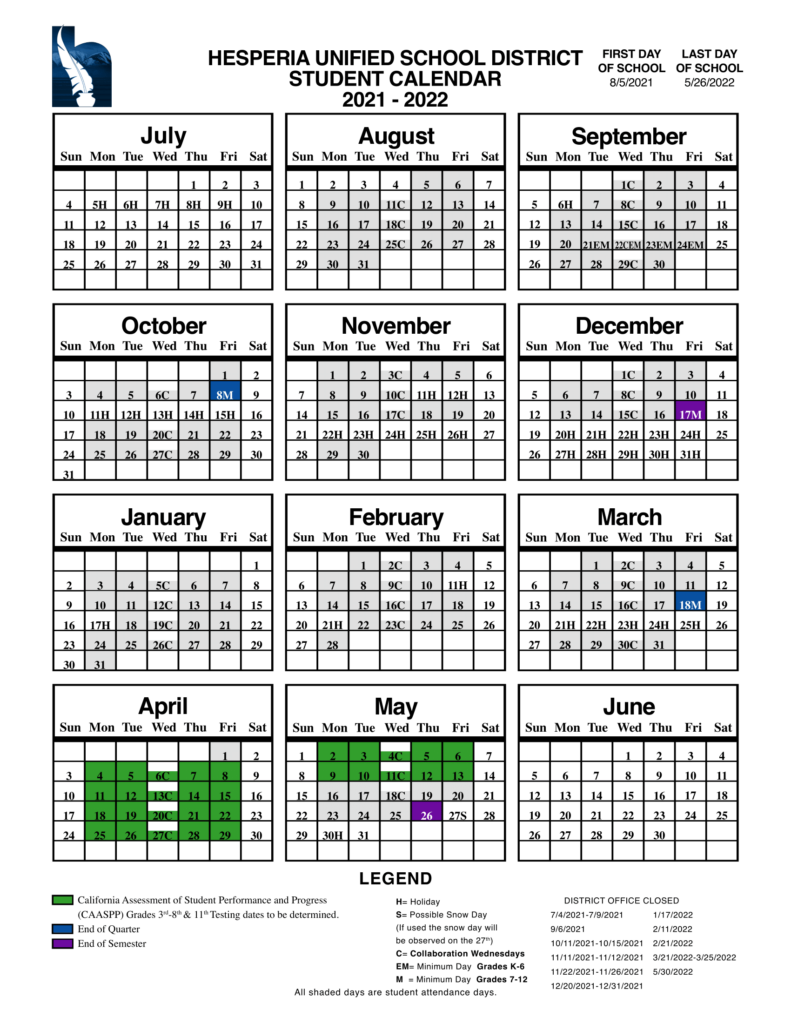 2021 22 School Calendar Hesperia Jr High School