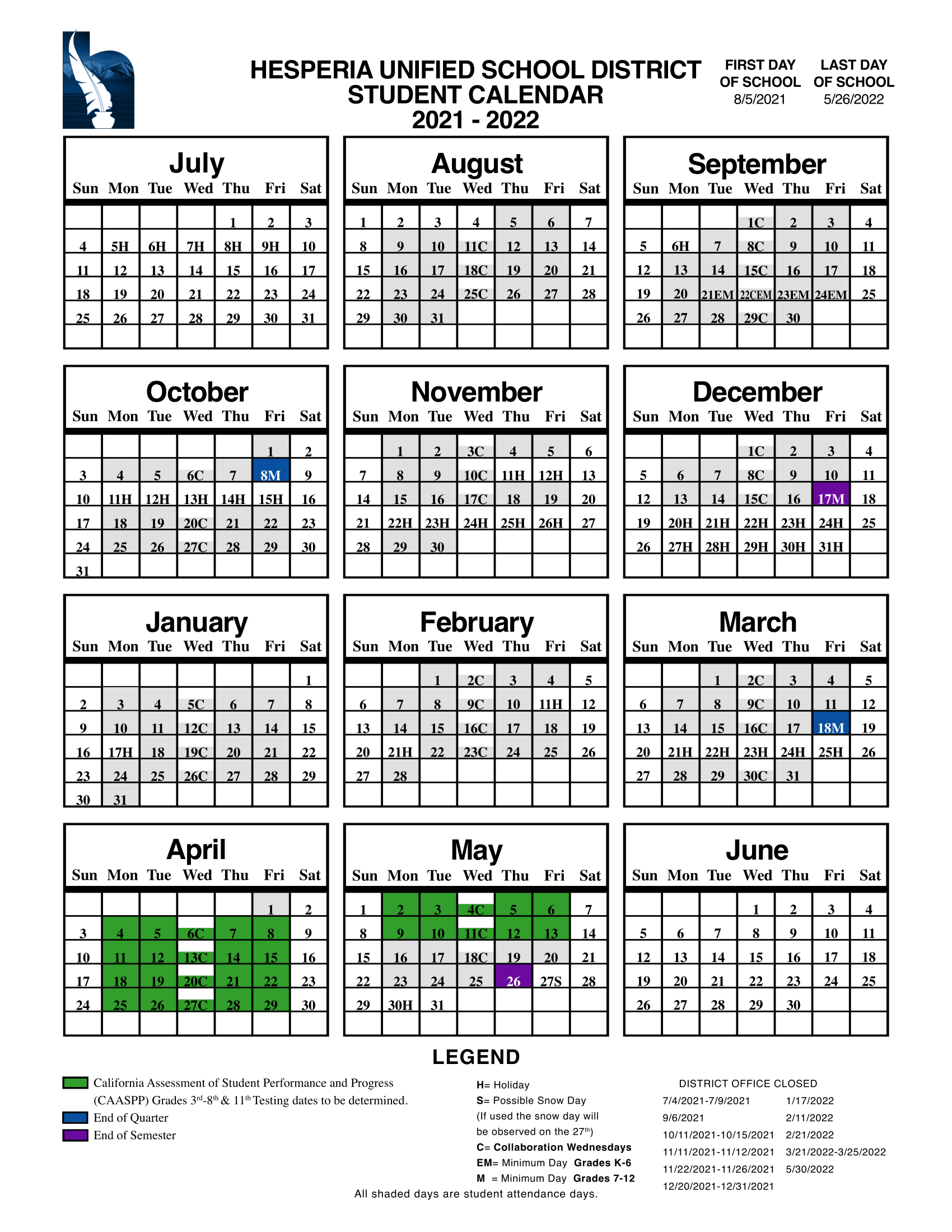2021 22 School Calendar Hesperia Jr High School