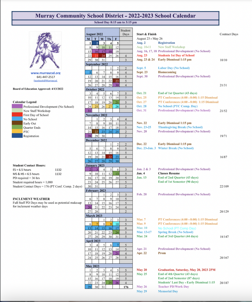 2022 2023 Academic Calendar Murray Community School District