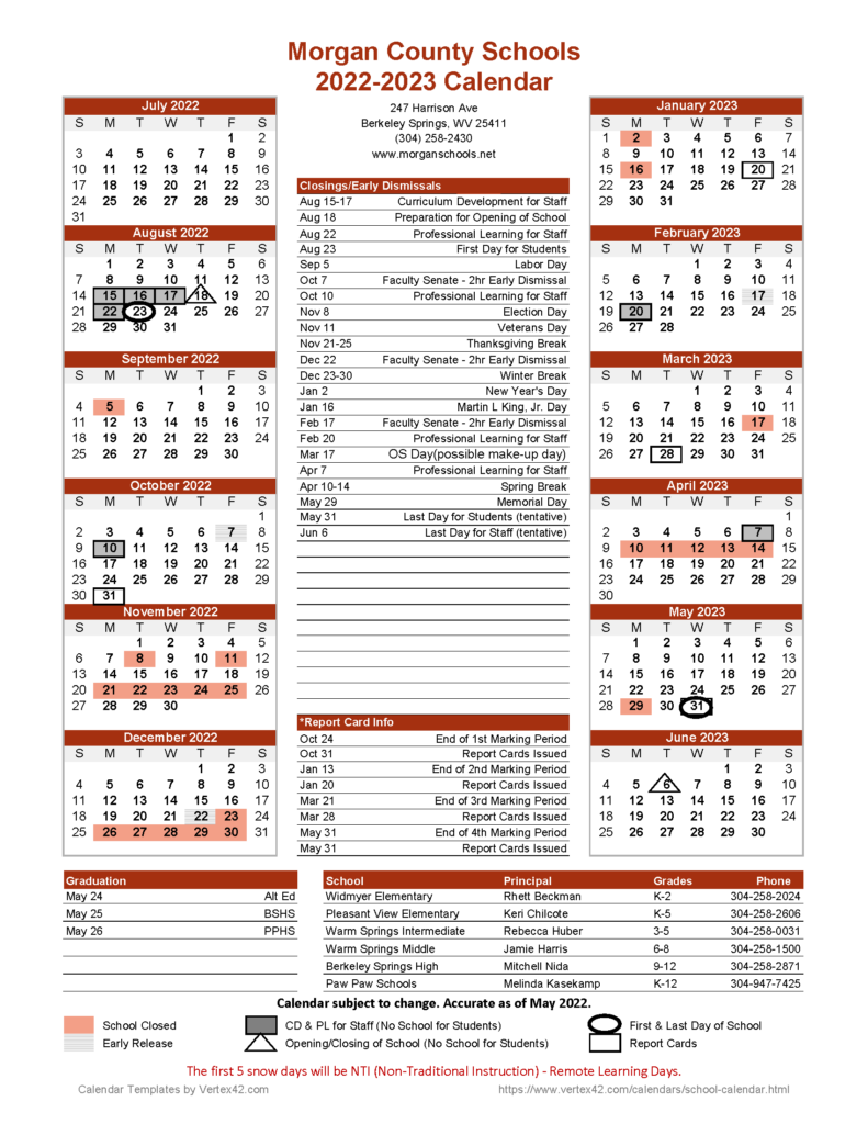 2022 2023 School Calendar Morgan County Schools