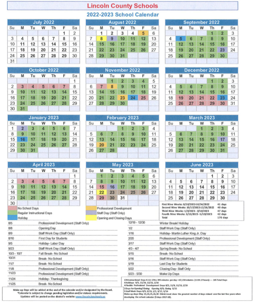 2022 23 School Calendar Lincoln County Schools